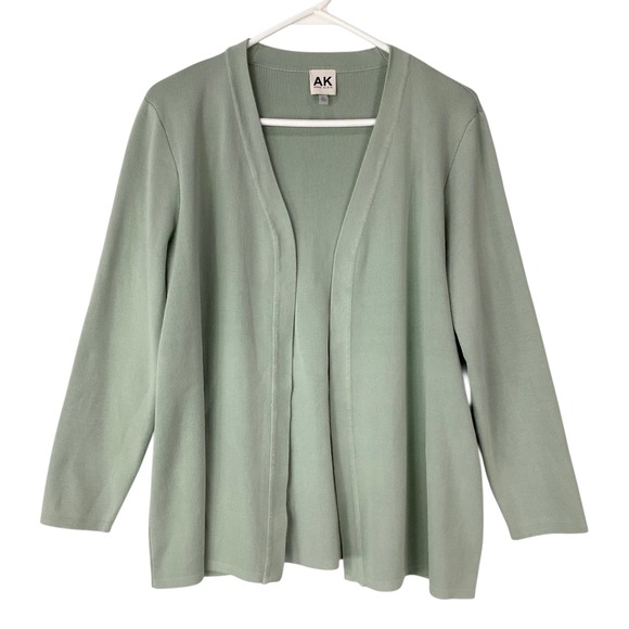 Anne Klein Sweaters - Anne Klein Open Front Cardigan Women PL Green Viscose Blend Ribbed Trim Classic